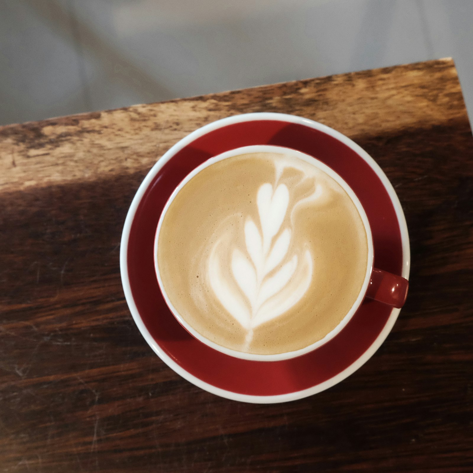 A latte with leaf art in a red cup, seen from above